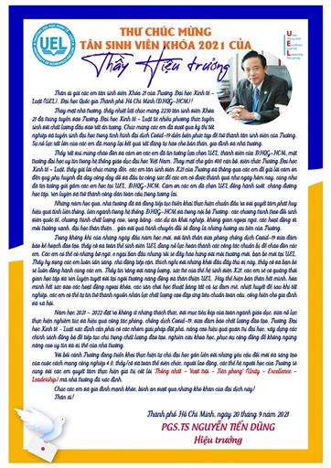 Thư chúc mừng của Thầy Hiệu trưởng Trường Đại học Kinh tế - Luật gửi tân sinh viên Khóa 21