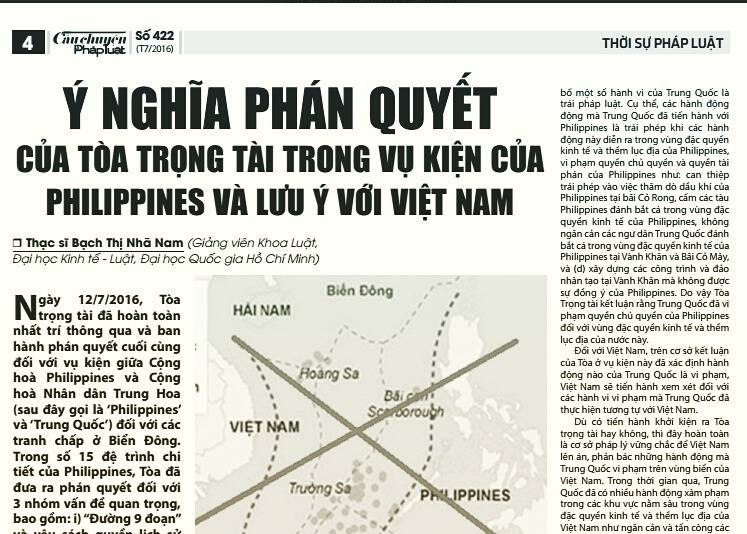 Ý nghĩa phán quyết của Tòa trọng tài trong vụ kiện của Philippines và lưu ý đối với Việt Nam
