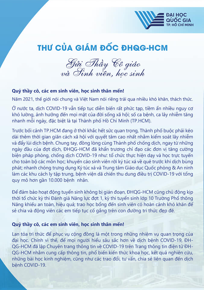 Thư của Giám đốc ĐHQG-HCM gửi thầy cô giáo và sinh viên, học sinh